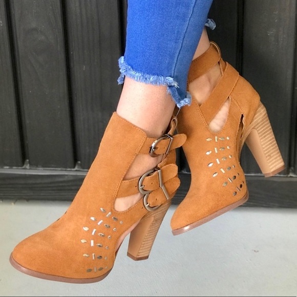 Cognac Studded Cut Out Chic Block Heel Ankle Boots - Picture 2 of 9